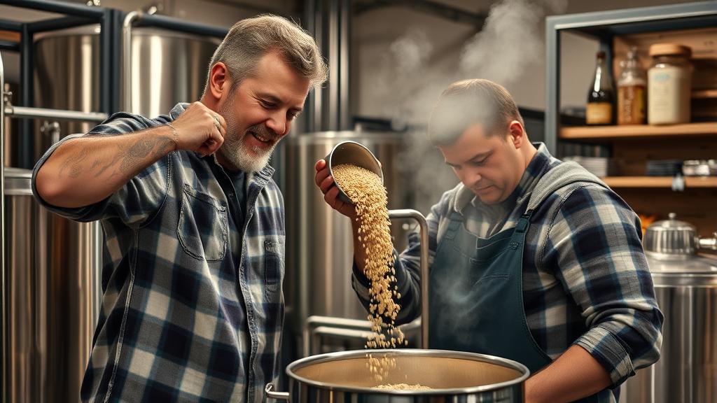Homebrewer mashing grain in a stainless steel brew kettle in garage brewery