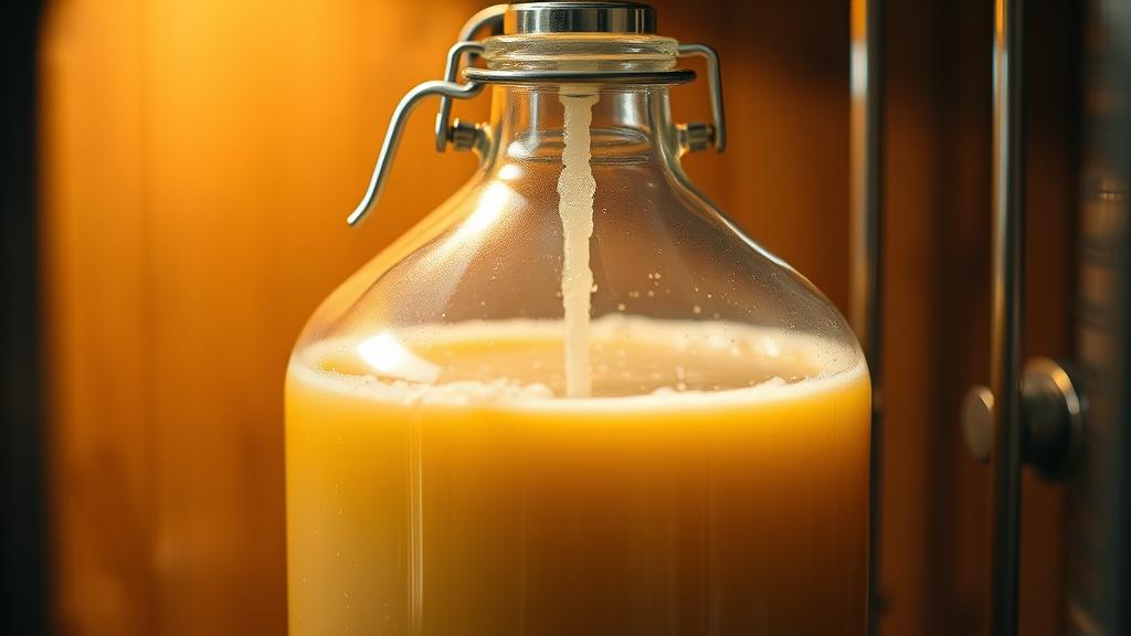 Glass carboy fermenter with golden liquid actively fermenting, airlock bubbling
