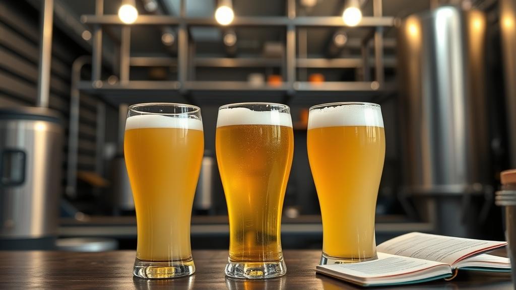 Three cream ale glasses lined up for tasting, carbonation visible, tasting notes beside them
