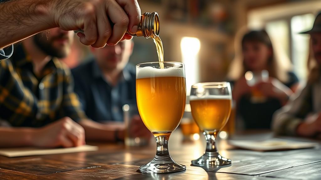 Homebrewer pouring a cream ale into a chilled glass, friends blurred in background, golden light