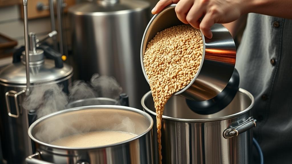 Homebrewer pouring grain mash in decoction mashing technique