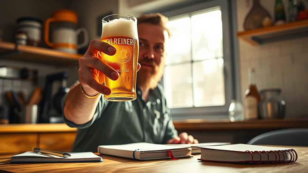 Homebrewer examining pilsner beer color and clarity