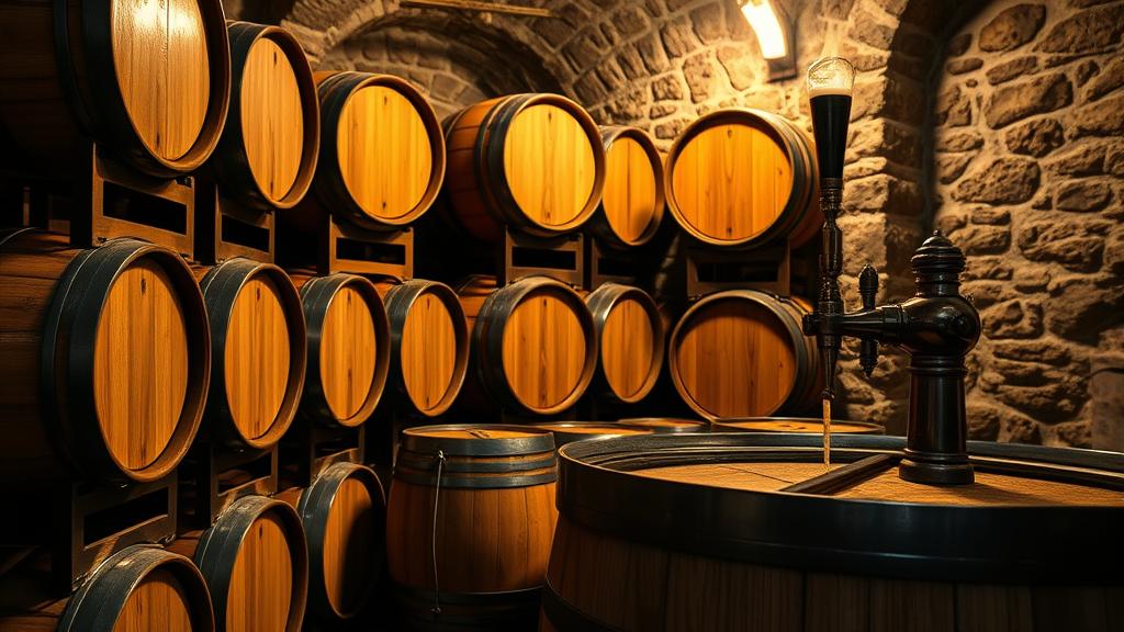 Small wooden casks in a cool stone cellar, heritage brewing atmosphere