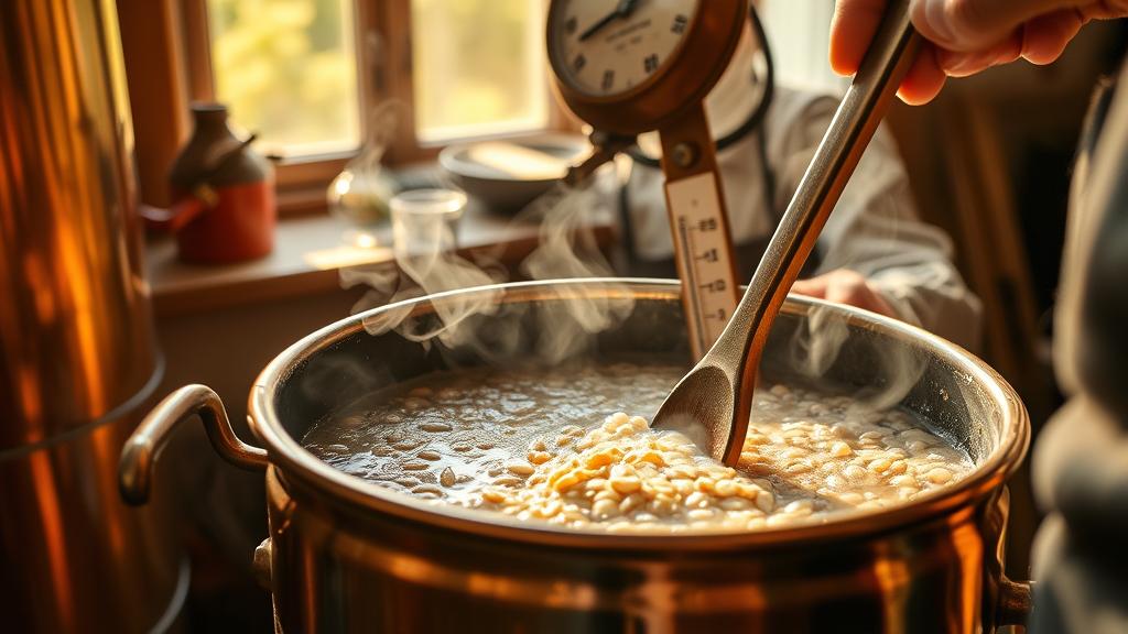 Homebrewer stirring wort during the mash step, copper kettle, traditional setup