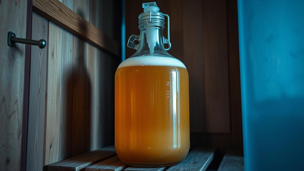 Glass carboy with actively fermenting beer, airlock bubbling, sitting on a wooden shelf