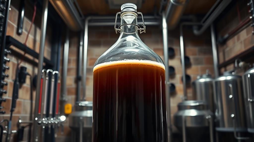 Glass carboy with dark beer fermenting with airlock visible