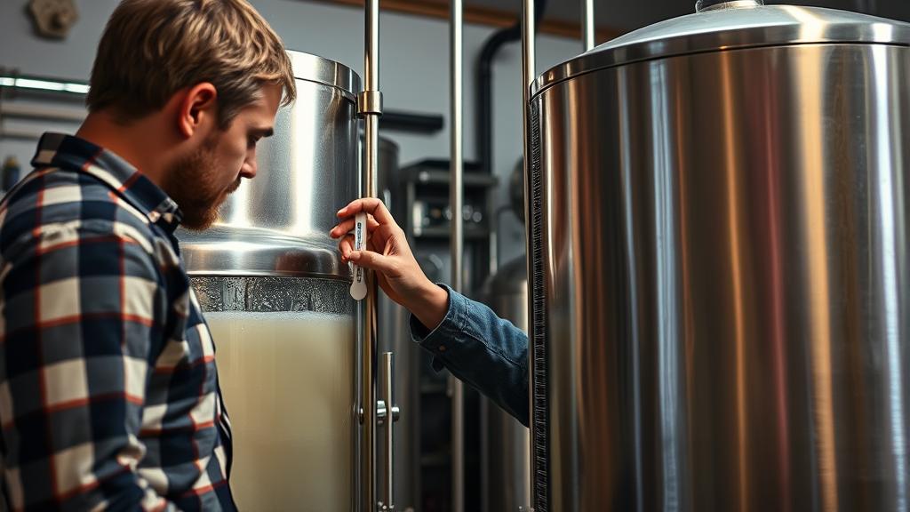 Homebrewer checking fermentation temperature on thermometer tape on conical fermenter