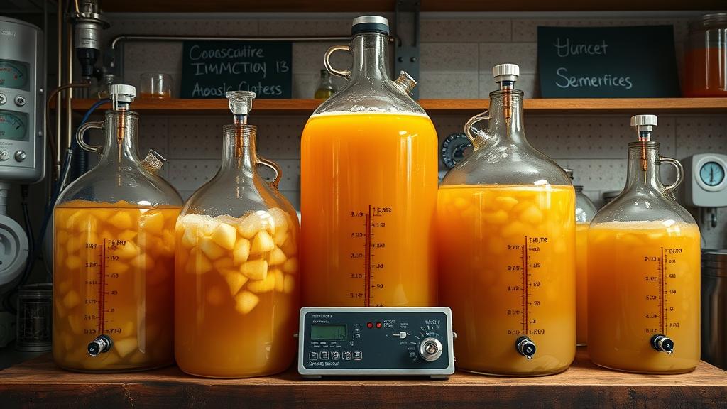 Glass carboys with fermenting cider at various stages, airlocks, temperature monitoring