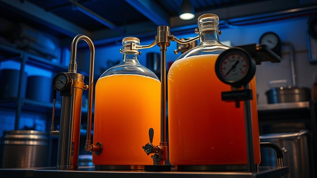 Fermentation chamber with carboys, temperature controller, and thermometer gauge