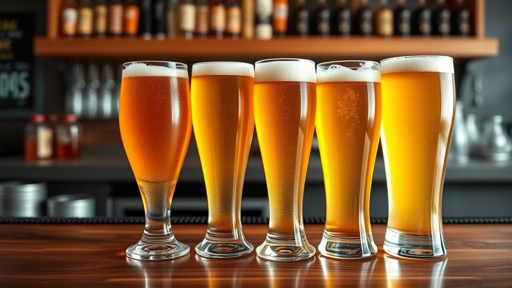 Four different sessionable beer styles in glasses: pale ale, blonde lager, wheat beer, and crisp sour