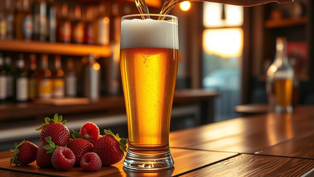 Golden fruit lager beer poured into tall glass with fresh strawberries and raspberries, warm sunset lighting