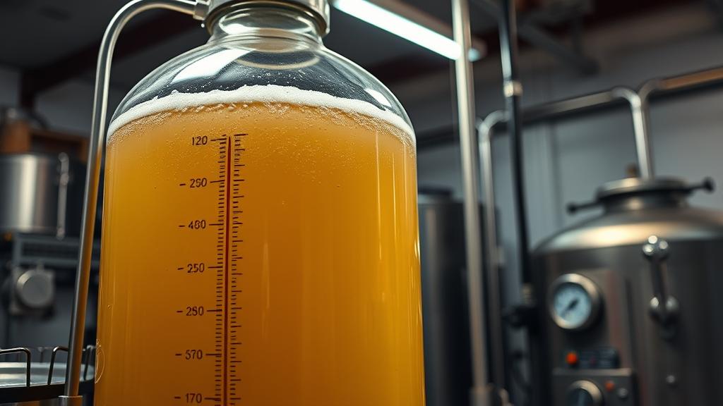 Close-up of glass carboy fermenter with golden beer, active airlock, temperature strips, and monitoring equipment in garage brewery