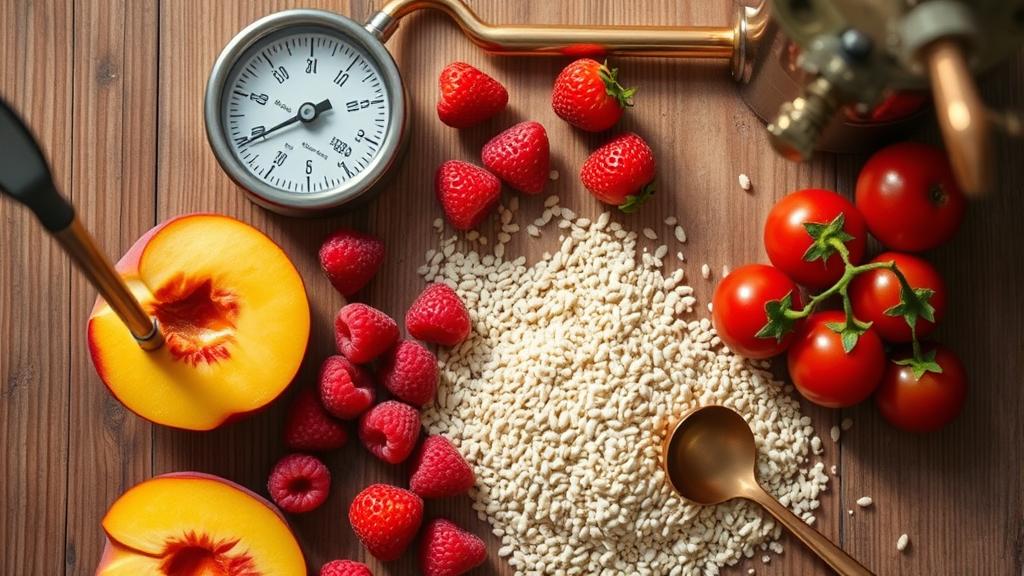 Overhead shot of brewing ingredients: pilsner malt, fresh peaches, raspberries, strawberries, hydrometer, and brewery equipment on wooden table