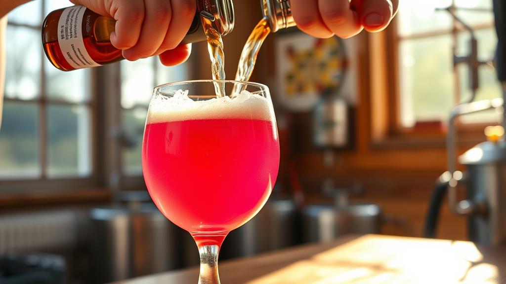 Homebrewer pouring vibrant pink fruited session sour into a tulip glass