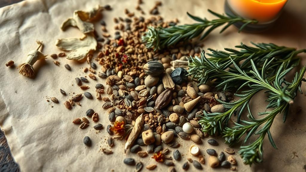Dried gruit brewing herbs: mugwort, yarrow, juniper berries, rosemary, thyme, and caraway
