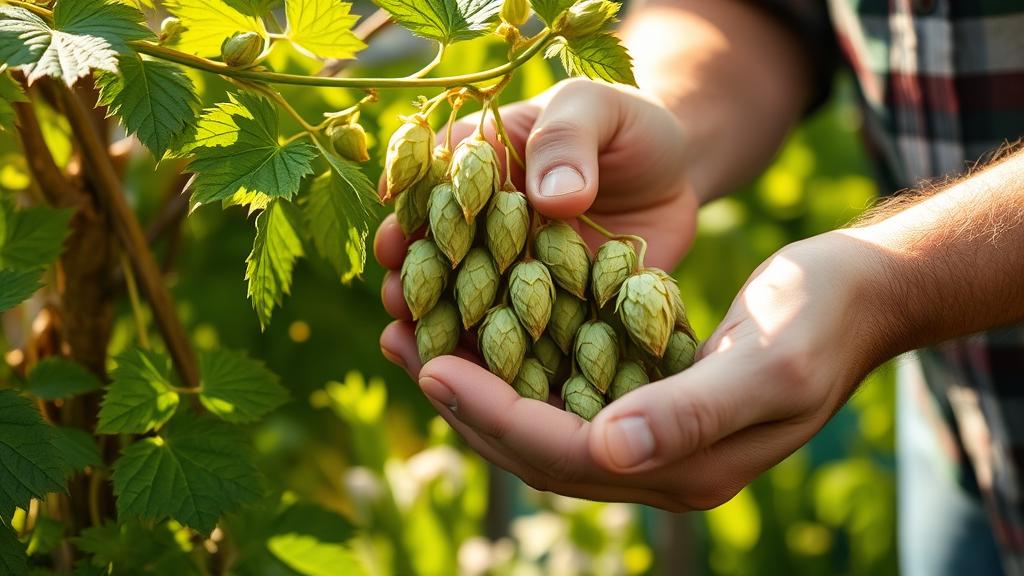 Close-up of a homebrewer carefully harvesting mature hop cones from a climbing hop bine