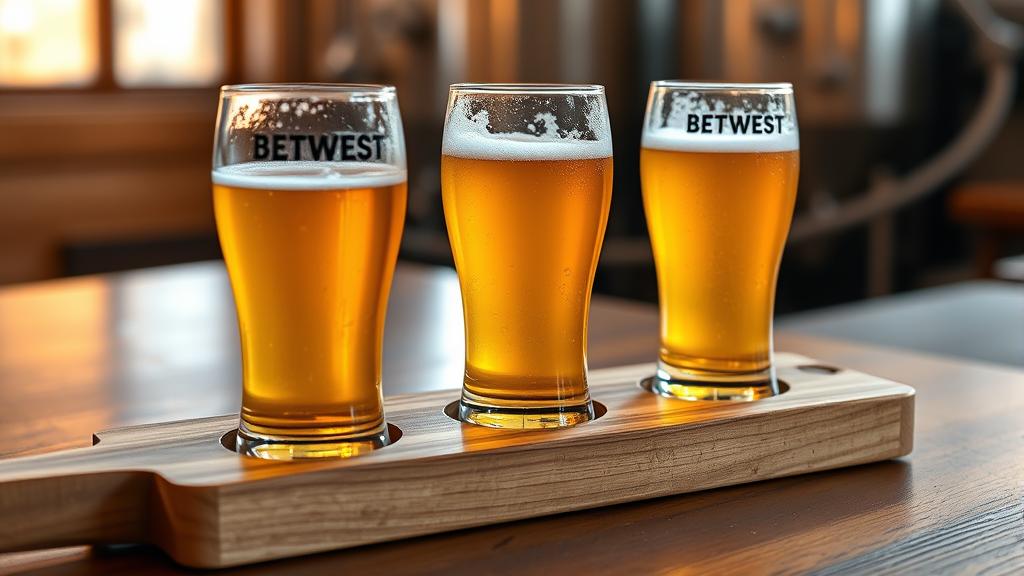 Beer flight of three golden Helles lagers in wooden paddle, tasting notes