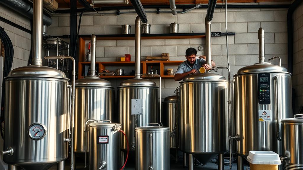 Homebrewer garage brewery setup with stainless steel kettles and temperature control equipment