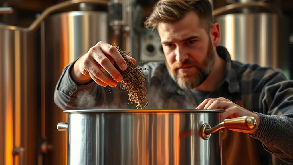 Homebrewer adding dried herbs to a boiling kettle during a brew day, steam rising, intense flame beneath