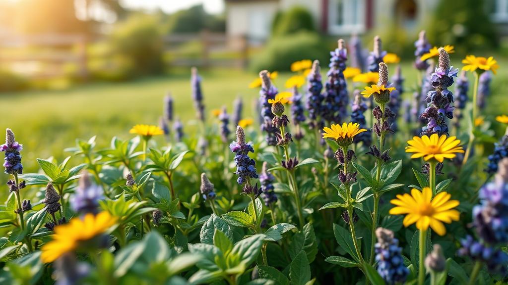 Lush summer herb garden with blooming chamomile, sage, mint, and lavender in full growth