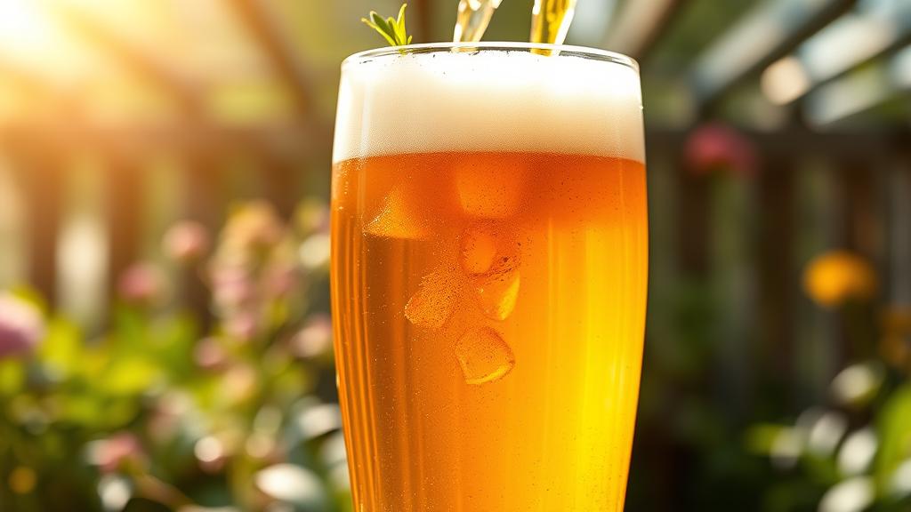 A perfectly poured herbal ale into a proper pint glass, golden amber with creamy head, fresh herb garnish on the rim, sunlit garden setting