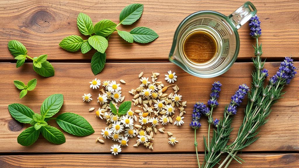 Fresh herbal brewing ingredients: mint, sage, chamomile, lavender, and rosemary arranged on a wooden table