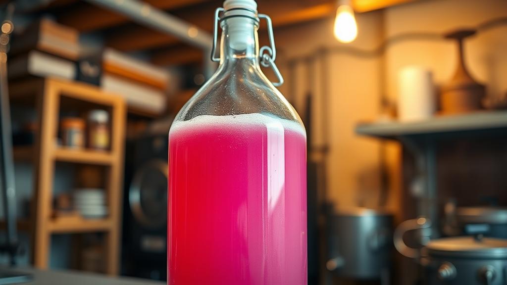 Hibiscus beer fermenting in a glass carboy with airlock, showing the pink colour developing