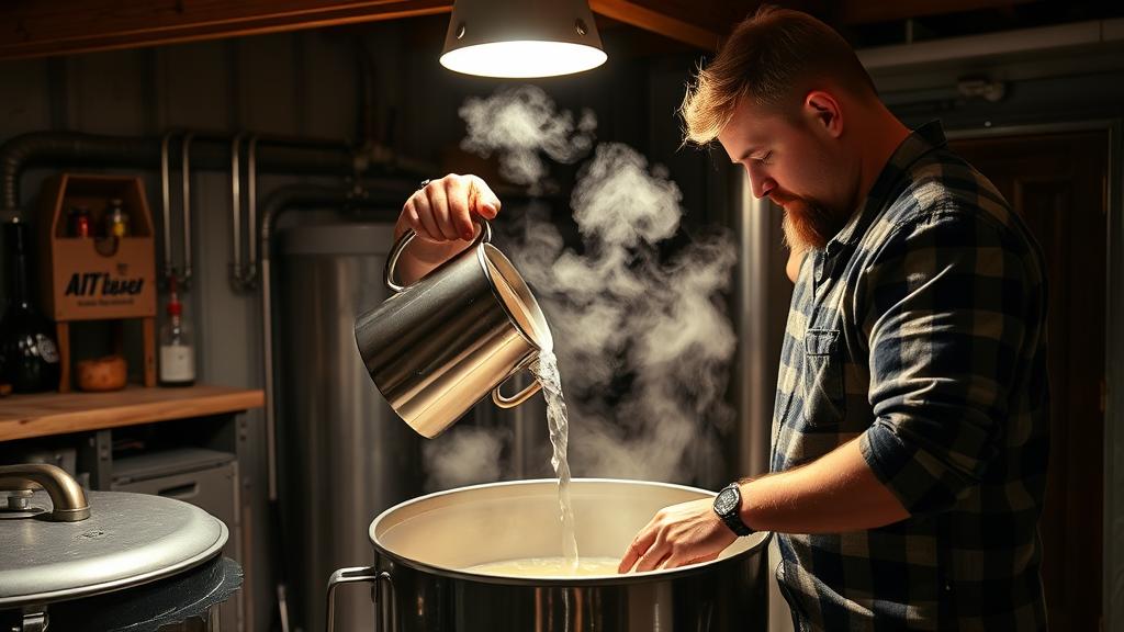 Homebrewer preparing mash in a UK garage brewery with proper lighting and temperature control