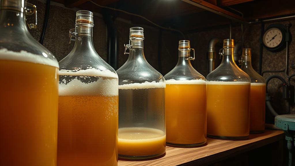 Glass carboys fermenting hojicha ale in a cool UK cellar with proper temperature monitoring