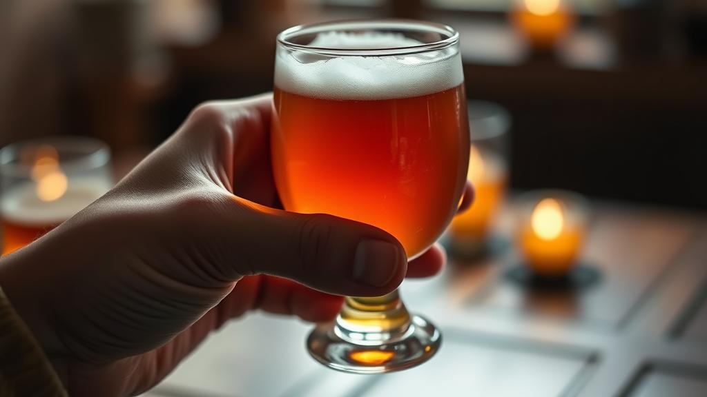 Hand holding a snifter glass of golden-amber hojicha ale with proper head and clarity