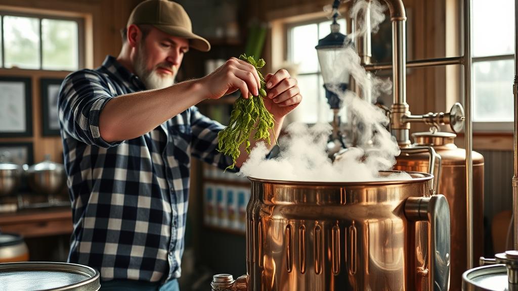 A homebrewer pouring freshly harvested hops and garden-grown herbs into a gleaming copper kettle