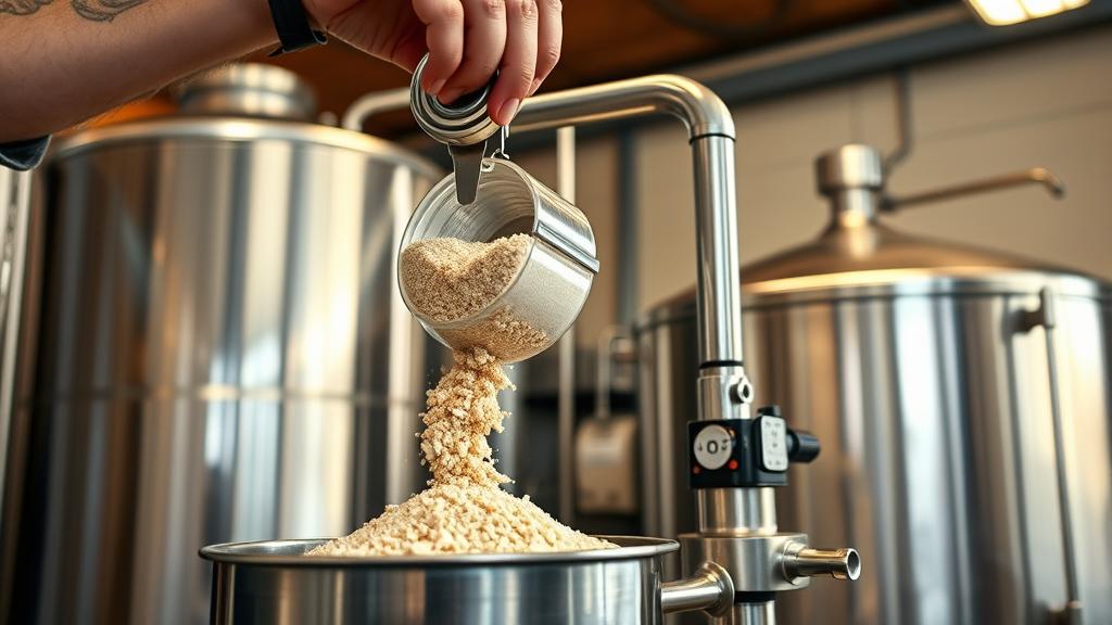 Homebrewer measuring and grinding smoked rauchmalz and pale base malt into brewing mill, stainless steel kettle visible