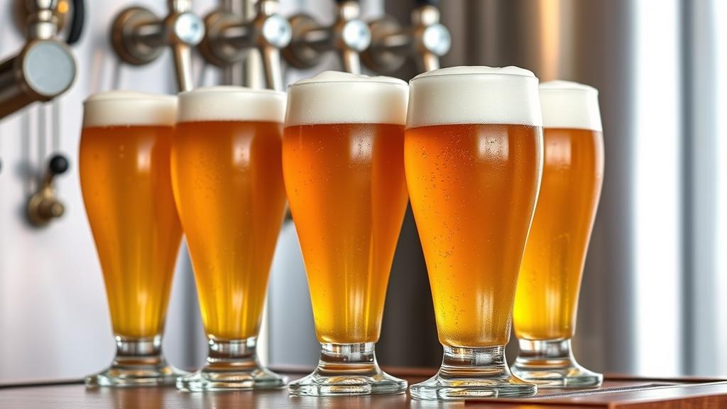 Row of perfectly poured golden alcohol-free lager glasses with crisp white heads