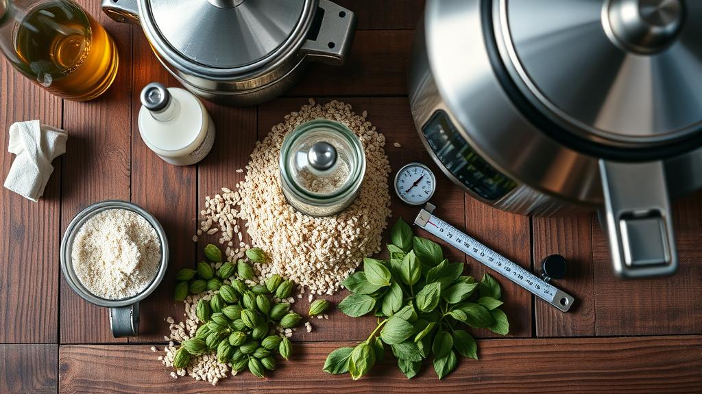 Homebrewing ingredients for kettle sour: pale malt, lactobacillus culture, hops, and brewing equipment
