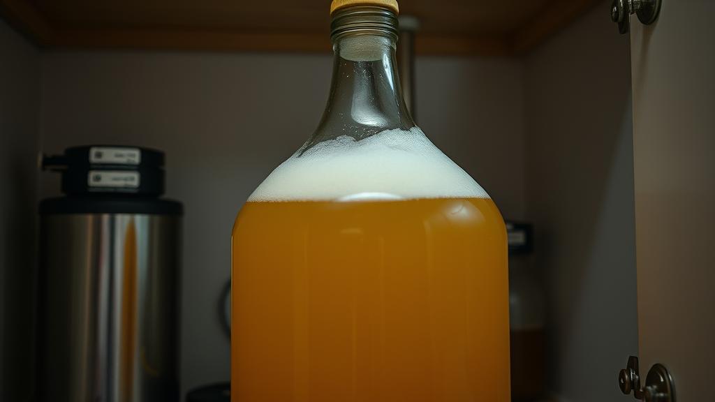 Fermenting sour beer in glass carboy with airlock showing active fermentation