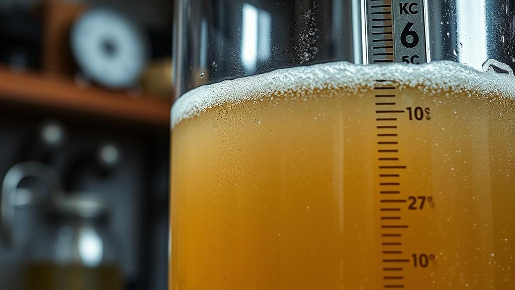 Glass fermentation vessel with pale wort, krausen head, thermometer showing 16°C