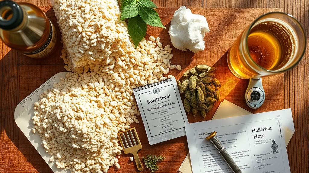 Kölsch brewing ingredients: pale malt, noble hops, yeast packet, scale, thermometer