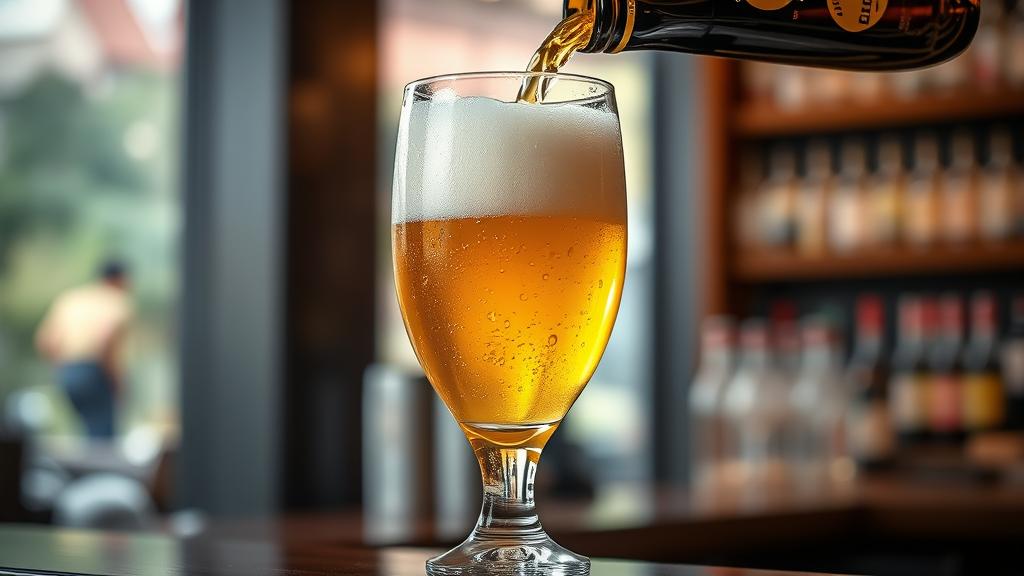 Kölsch being poured into Stange glass, dense white head, golden colour, professional lighting