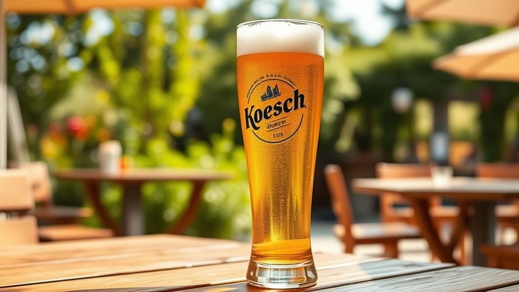 Traditional Kölsch beer in a Stange glass, condensation beads in garden setting