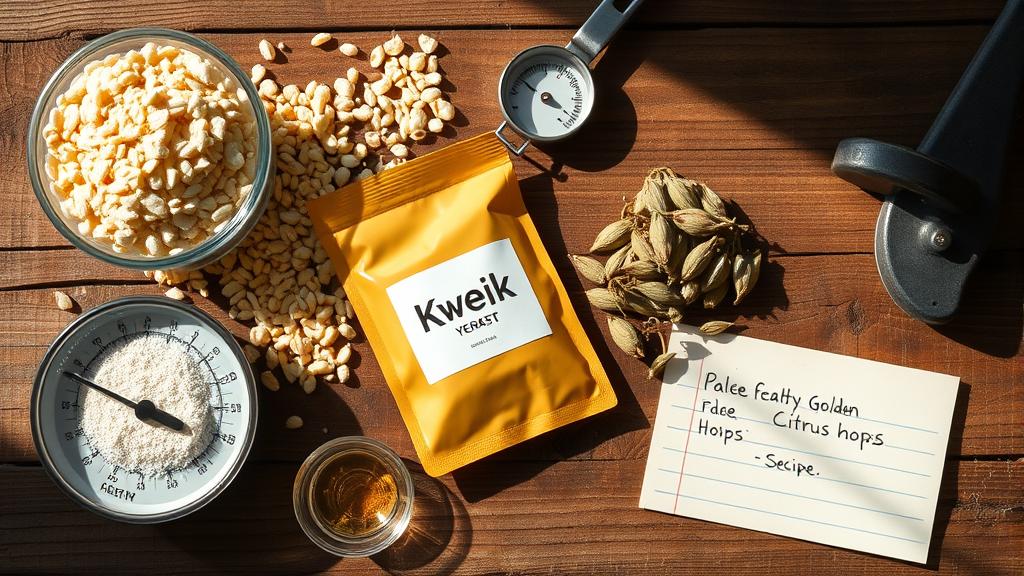 Brewing ingredients pale malt hops yeast hydrometer wooden table overhead