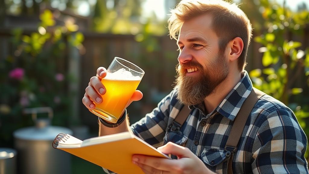 Homebrewer tasting golden hazy Kveik beer glass garden sunlight