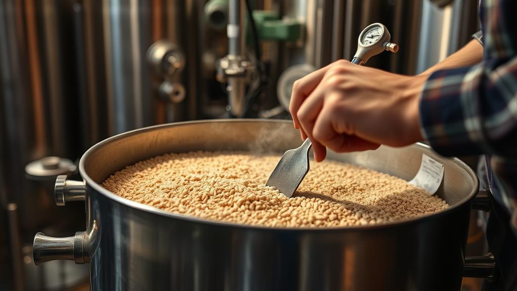 Close-up of a mash tun being stirred, steam rising, temperature probe visible