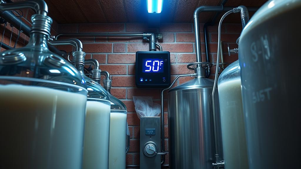 Temperature-controlled fermentation cellar with carboys and thermometer