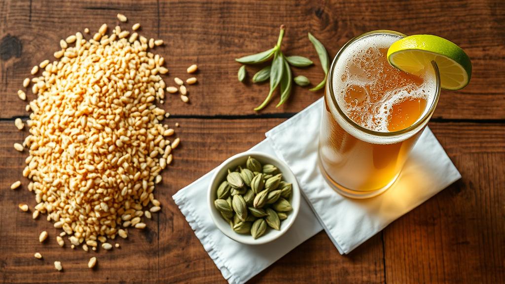 Mexican lager brewing ingredients: pale malt, flaked corn, noble hops, lime wedge