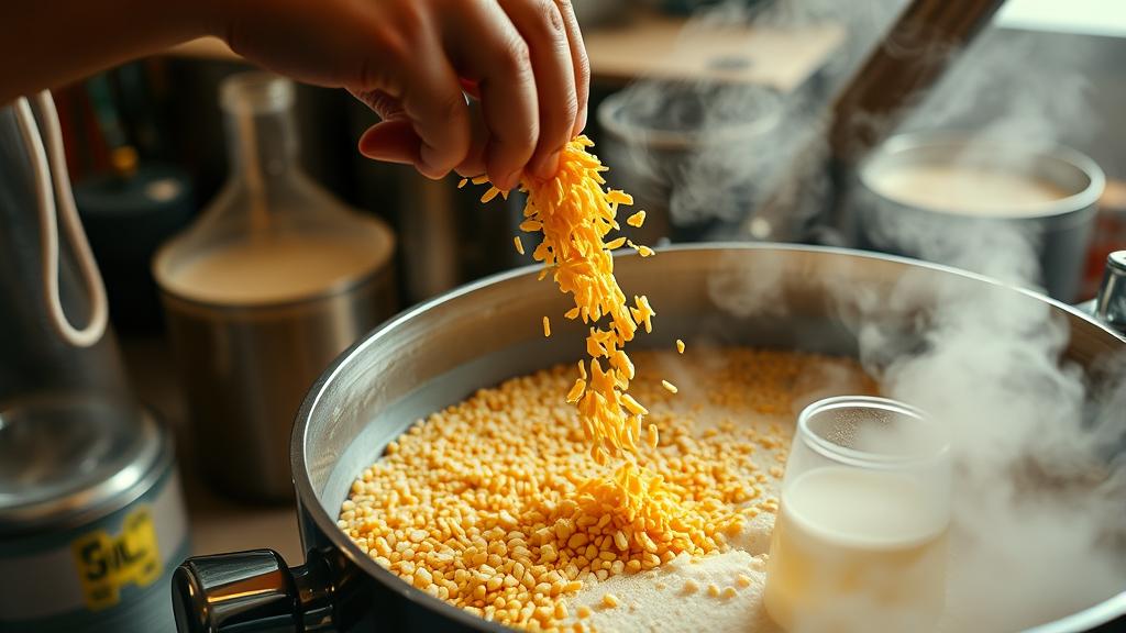 Homebrewer adding flaked maize to mash tun during grain steeping