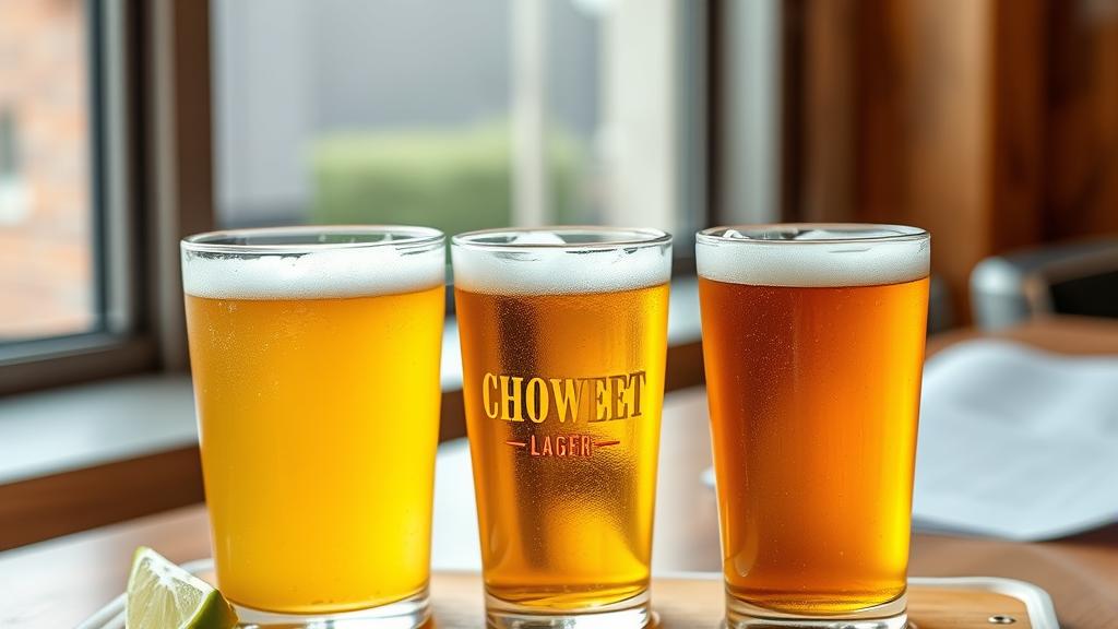 Three glasses of golden lager in a tasting flight with lime wedges