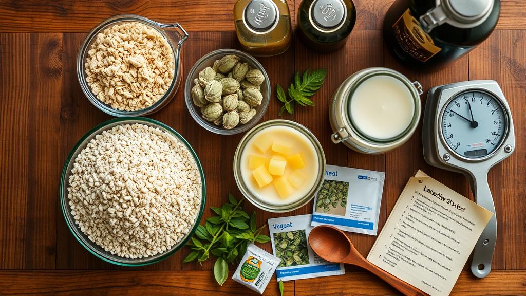 Overhead shot of homebrewing ingredients: pale malt, hops, yeast packets, Lactobacillus culture