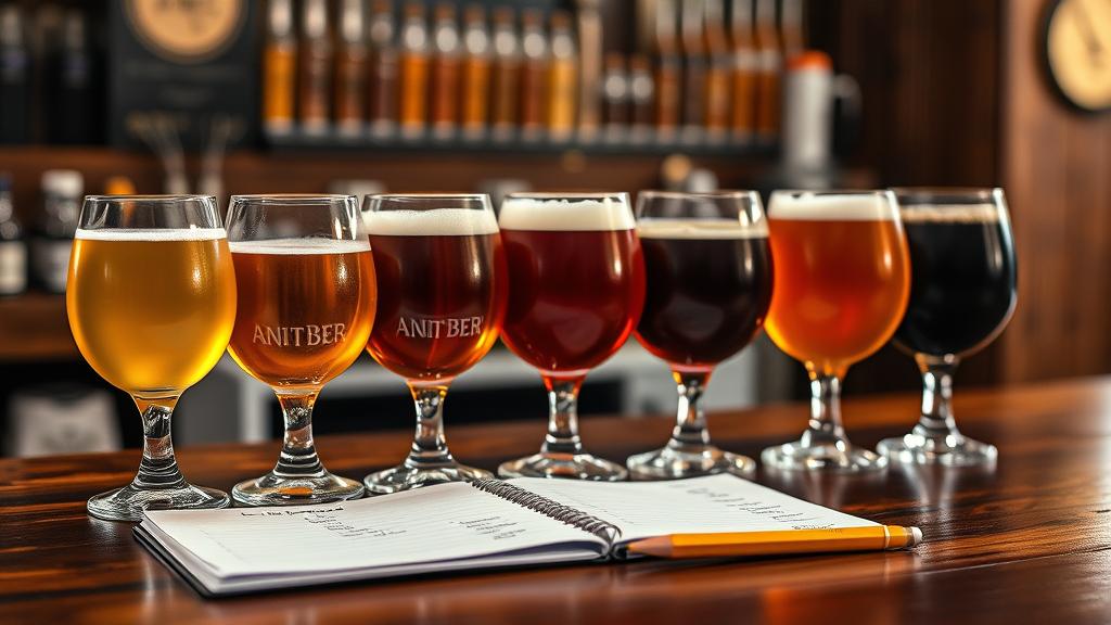 Six glasses of mixed fermentation beer showing colour progression from pale to brown