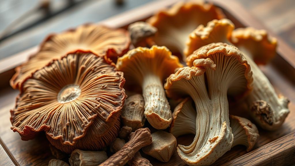 Medicinal mushrooms including reishi, lion's mane, and cordyceps on wooden tray with warm lighting
