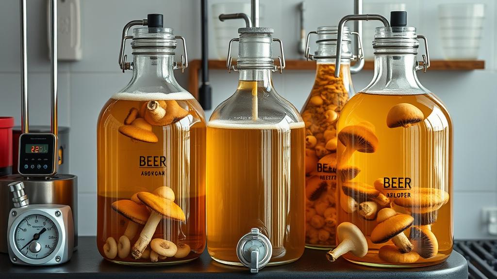 Glass carboy fermenters with mushroom beer at different fermentation stages, airlocks bubbling gently
